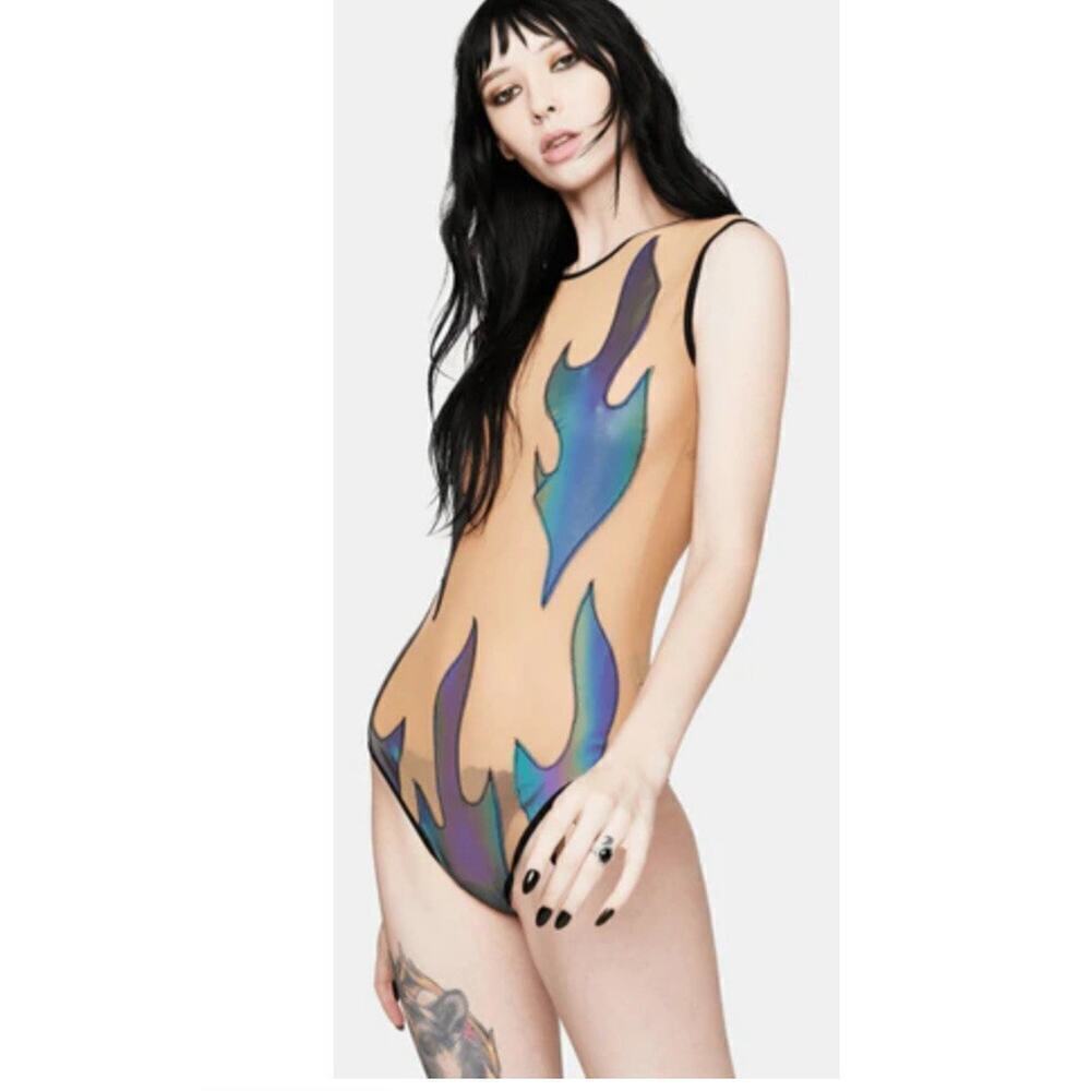 🦋B2G1🦋NEVANUDE Rainbow Reflective Inferni Black Flame Nude Mesh BodySuit